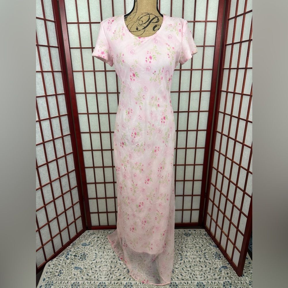 Vintage Jody California Fairycore Cottagecore Pink Floral Chiffon Maxi Dress
